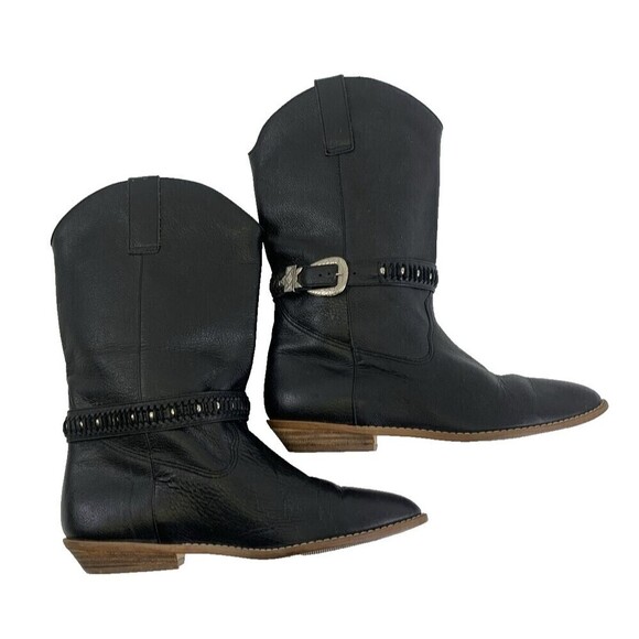 Sutton Plaza Black Leather Western Boots Buckle Strap Pointed Toe Vtg Women 7.5 - Picture 6 of 14